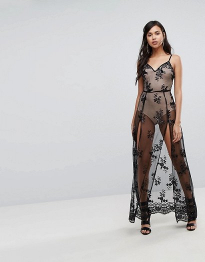 NaaNaa Sheer Sequin Lace Maxi Dress with Bodysuit | long see-through dresses | party babe