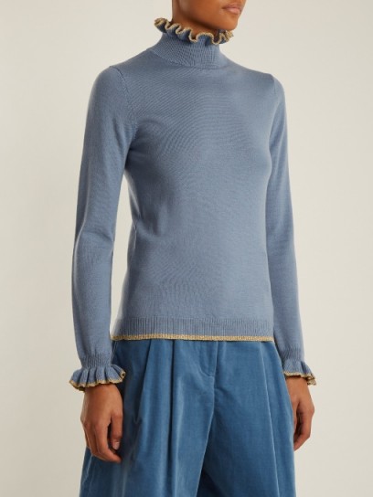 SHRIMPS Norah high-neck wool sweater ~ blue ruffle trimmed sweaters