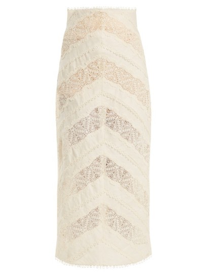 ZIMMERMANN Painted Heart chevron-panelled lace linen skirt ~ semi sheer cream skirts