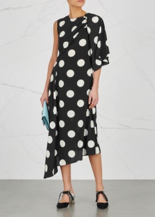 ANNA OCTOBER Polka-dot brushed satin midi dress ~ one sleeve dresses ~ asymmetric hemline