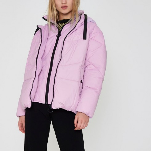 RIVER ISLAND Purple faux fur trim oversized puffer jacket | padded winter jackets