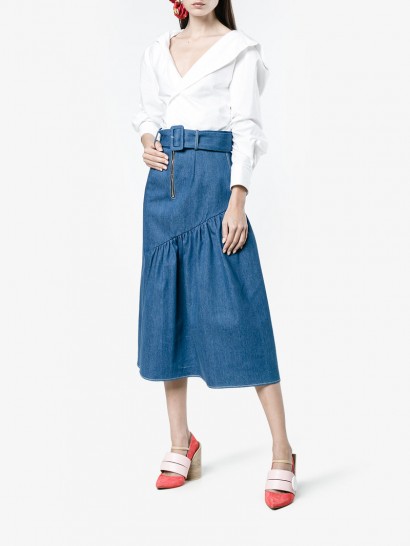 Rejina Pyo Bonnie Denim Panel Skirt ~ blue belted midi skirts