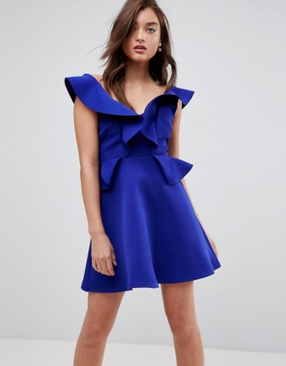River Island Frill Detail A-Line Mini Dress | bright blue structured party dresses
