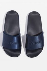 TOPSHOP Satin Logo Sliders by Ivy Park – silky blue slides