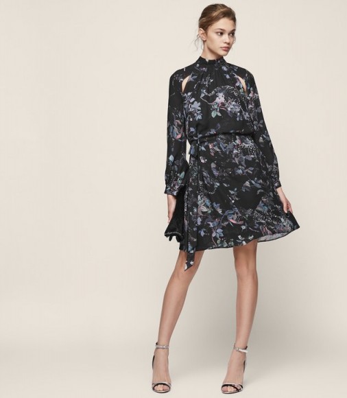 Reiss SATURN LONG-SLEEVED PRINTED MINI DRESS ~ floral high neck party ...