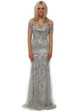LUCY WANG Silver Sequinned Mesh Short Sleeved Evening Dress / long shiny occasion dresses