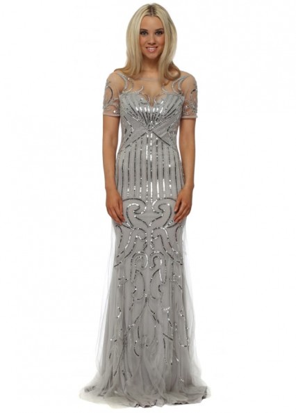 LUCY WANG Silver Sequinned Mesh Short Sleeved Evening Dress / long shiny occasion dresses