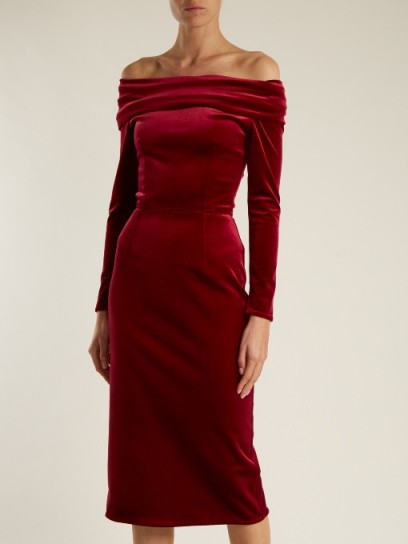 EMILIO DE LA MORENA Tasman off-the-shoulder velvet midi dress – red bardot evening dresses