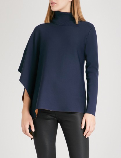 TED BAKER Bryte turtleneck asymmetric knitted cape | contemporary navy-blue capes | modern knitwear