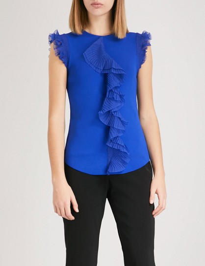 TED BAKER Ysabel ruffle-trimmed knitted top | bright-blue ruffled tops