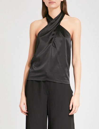 THEORY Ertil halterneck stretch-silk top ~ black halter tops