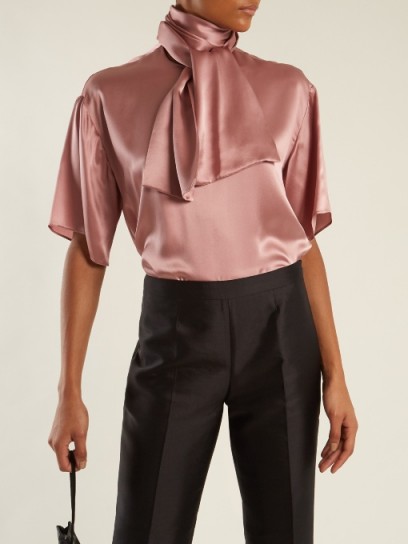 HILLIER BARTLEY Tie-neck silk-satin blouse ~ rose-pink fluid blouses ~ luxe tops