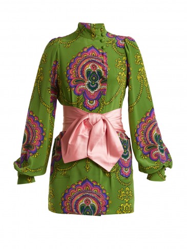 GUCCI Treasure-print silk crepe de Chine top ~ green printed tops ~ blouson sleeves ~ luxe