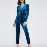 River Island Turquoise blue puff shoulder velvet jumpsuit ~ blue jumpsuits ~ party fashion