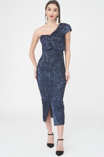 LAVISH ALICE Velvet Sequin Twisted Detail Midi Dress | one shoulder party dresses