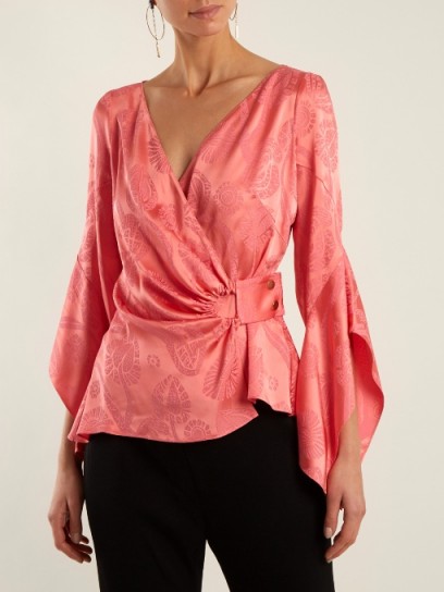 PETER PILOTTO V-neck pink satin jacquard wrap blouse