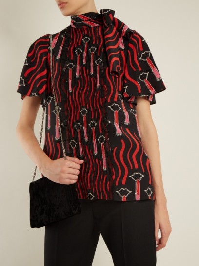 VALENTINO X Zandra Rhodes lace-trimmed silk blouse ~ lipstick print blouses ~ chic tops