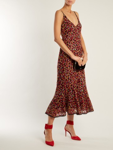 SALONI Aidan dot-embroidered V-neck dress ~ strappy fluted hem dresses