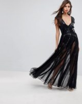 ASOS EDITION Sequin Mesh Fit and Flare Maxi Dress – sheer evening dresses – black plunging party wear