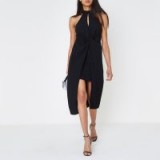 River Island Black high neck knot front split midi dress – lbd