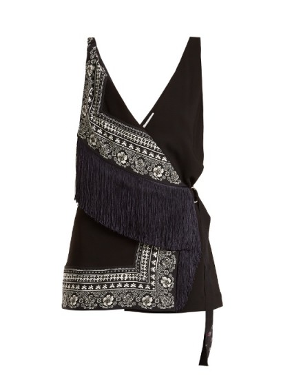 ALTUZARRA Cheyanne deep V-neck scarf-print stretch-cady top ~ black fringed tops