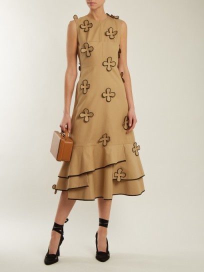 HUISHAN ZHANG Corby ruffled-hem cotton-blend dress ~ camel-brown floral applique dresses