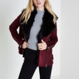 River Island Dark red fur trim aviator jacket – stylish winter jackets