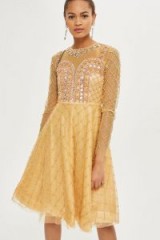 Starry Eyed Embellished Skater Dress | gold fit and flare party dresses