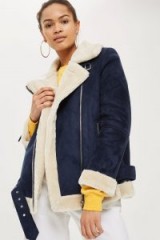 TOPSHOP Faux Shearling Biker Jacket / oversized navy & cream jackets