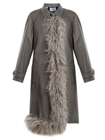 PRADA Feather-trimmed point-collar wool-blend coat ~ chic grey coats