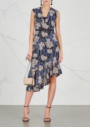 THREE FLOOR Fleur floral-embroidered midi dress ~ asymmetric ruffle trim dresses