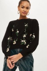 TOPSHOP Floral Embroidered Ribbed Jumper / black jumpers