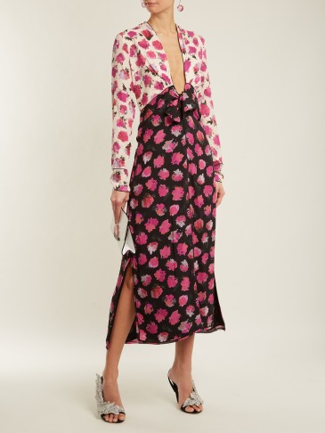 PROENZA SCHOULER Floral-print V-neck silk-crepe midi dress ~ black and pink plunging V-neckline dresses ~ feminine style