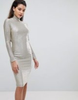 Flounce London High Neck Metallic Midi Dress – silver bodycon dresses – glamorous party wear