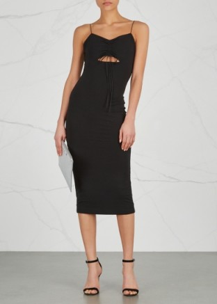 T BY ALEXANDER WANG Gathered stretch jersey midi dress ~ black strappy cut out dresses ~ cocktail chic ~ lbd