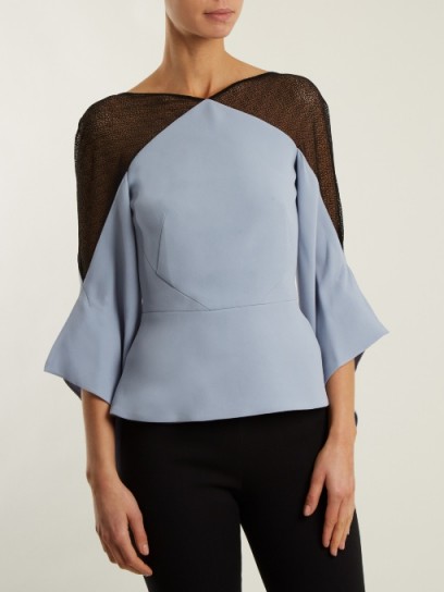 ROLAND MOURET Harthill lace-insert stretch-crepe top ~ pastel-blue open back tops