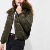 River Island Khaki green faux fur collar puffer jacket – padded jackets