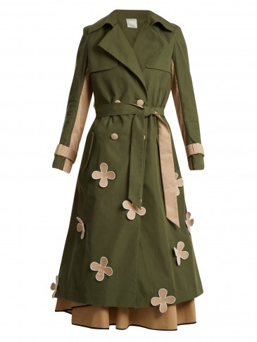 HUISHAN ZHANG Lori flower-appliqué cotton-blend trench coat ~ khaki-green belted coats