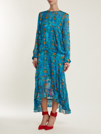 PREEN BY THORNTON BREGAZZI Mai long-sleeved silk-blend devoré dress ~ long turquoise-blue drop waist dresses ~ ruffle trimmed