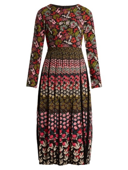 SALONI Nuri floral-print lace-trimmed pleated dress ~ flower printed midi dresses