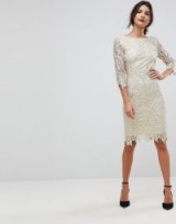 Paper Dolls Sequin Crochet 3/4 Sleeve Pencil Dress / cream and gold sequinned party dresses