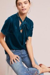 Sunday in Brooklyn Philomena Velvet Tie-Neck Top in dark turquoise / blue luxury look tops