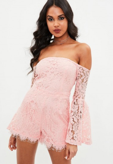 Missguided pink bardot lace flute sleeves playsuit | party playsuits