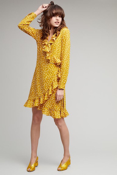 Selected Femme Rosalyn Spotted Ruffle Trim Wrap Dress in Honey / ruffled yellow tone dresses