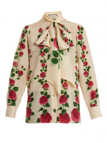 GUCCI Rose Garden-print silk crepe de Chine blouse ~ floral pussy bow blouses ~ feminine style