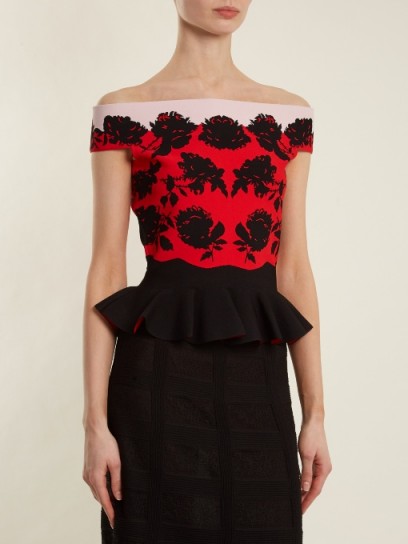 ALEXANDER MCQUEEN Rose-intarsia off-the-shoulder peplum top ~ floral bardot tops