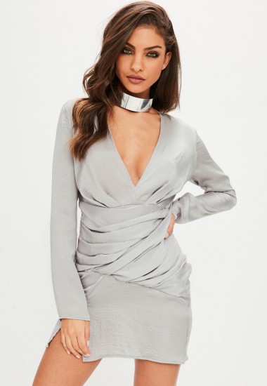 Missguided silver slinky long sleeve panelled dress | plunge front party dresses