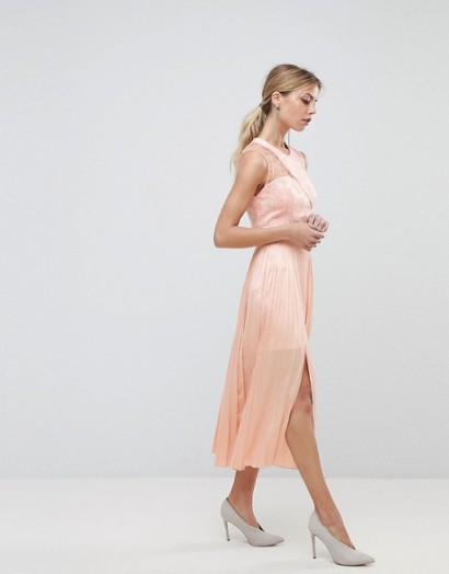 Three Floor Asymmetric Shoulder Pleated Midi Dress | nude party dresses