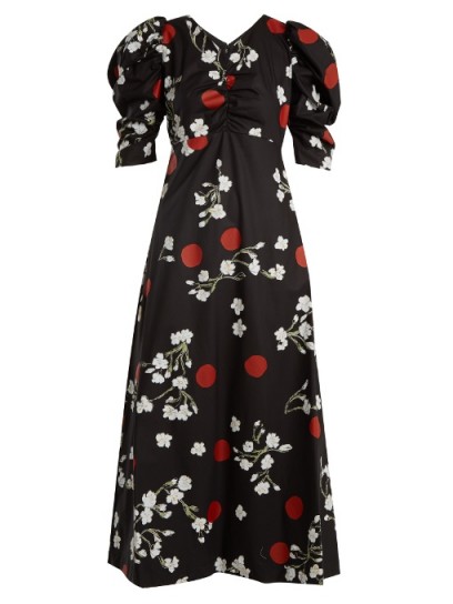 ISA ARFEN Wow Obliterated Blossom-print ruched cotton dress ~ puff sleeved midi dresses