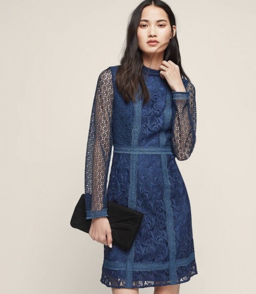 REISS ABBEY HIGH-NECK LACE DRESS OCEAN BLUE ~ sheer sleeved fitted evening dresses